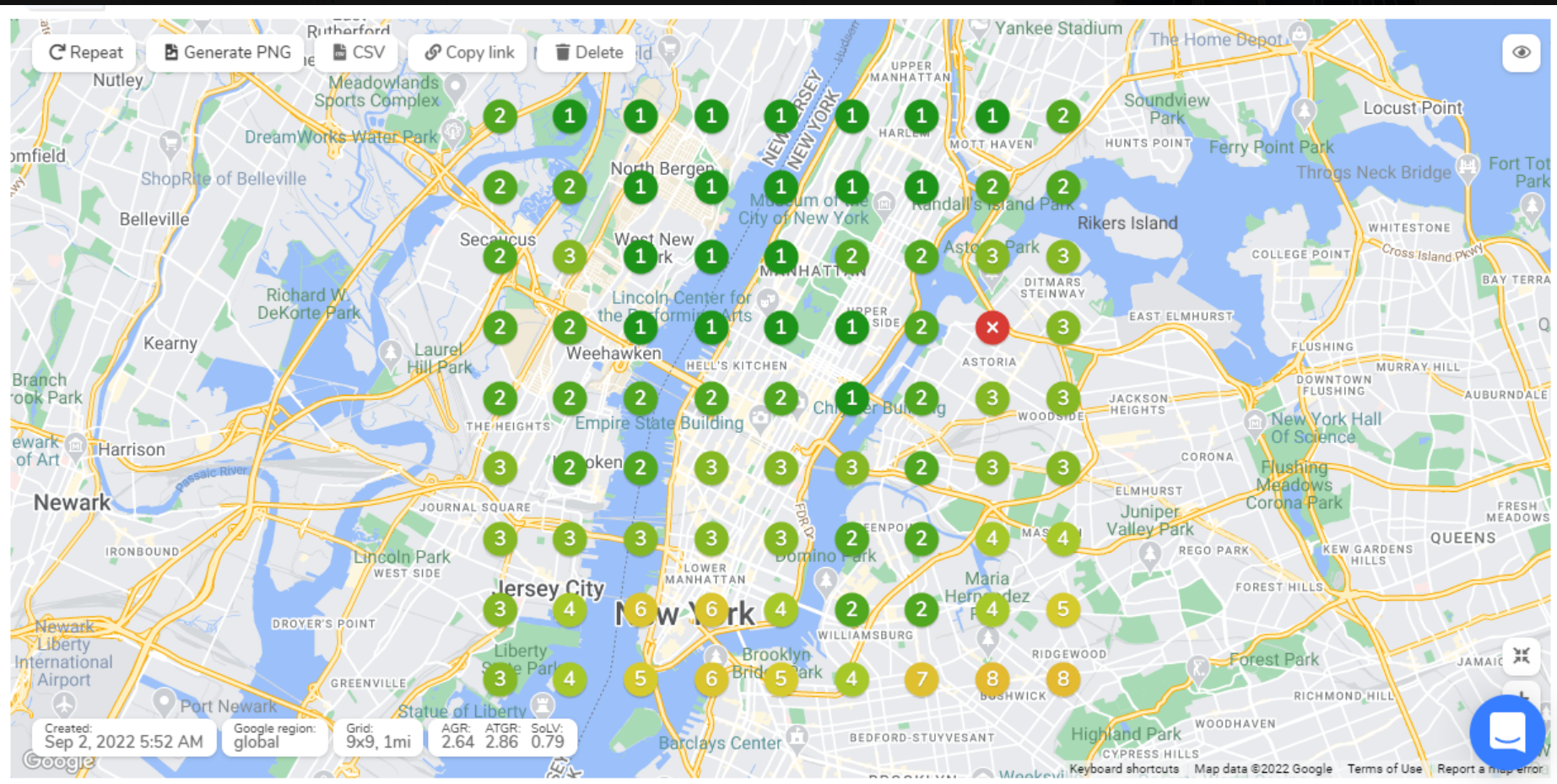 Original local search ranking map with 81 geographic points